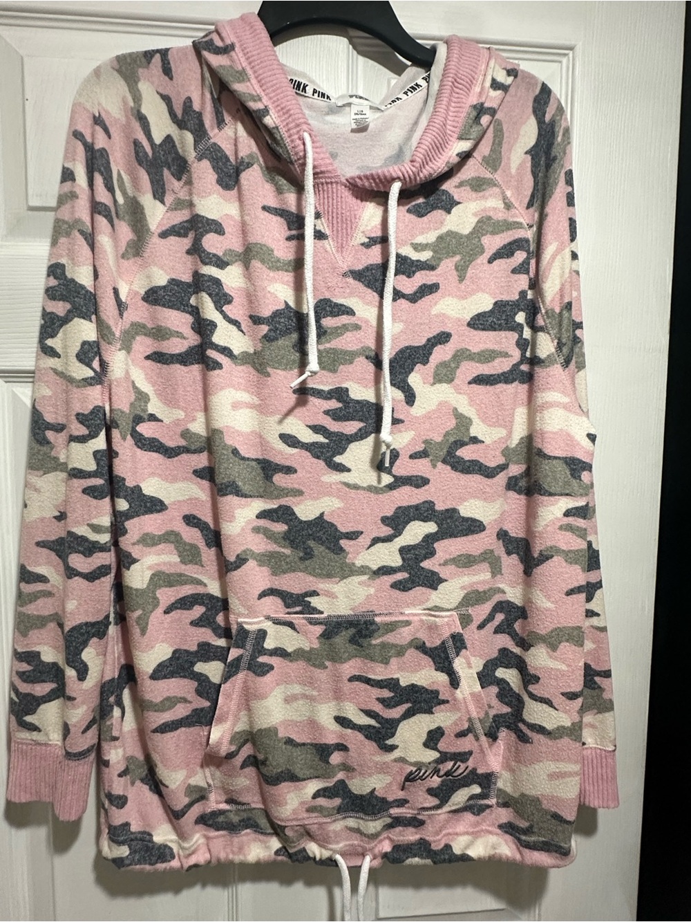 PINK Victoria's Secret Pink Gray Cream Camo Hooded Sweater size L